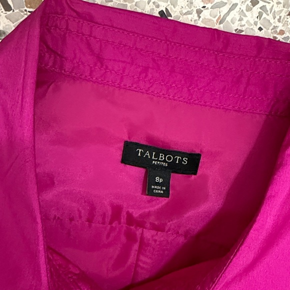 New Talbots 100% silk taffeta hot pink fuchsia shirt dress gold button 8P petite - Picture 4 of 7
